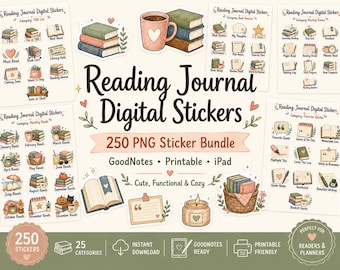 May include: A bundle of 250 digital stickers for reading journals, featuring illustrations of books, coffee, and reading-related icons. Designed for GoodNotes, printable, and ideal for readers and planners.