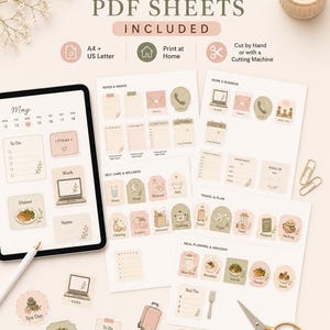 Printable PDF planner sticker sheets with A4 and US Letter files for printing at home and cutting by hand.