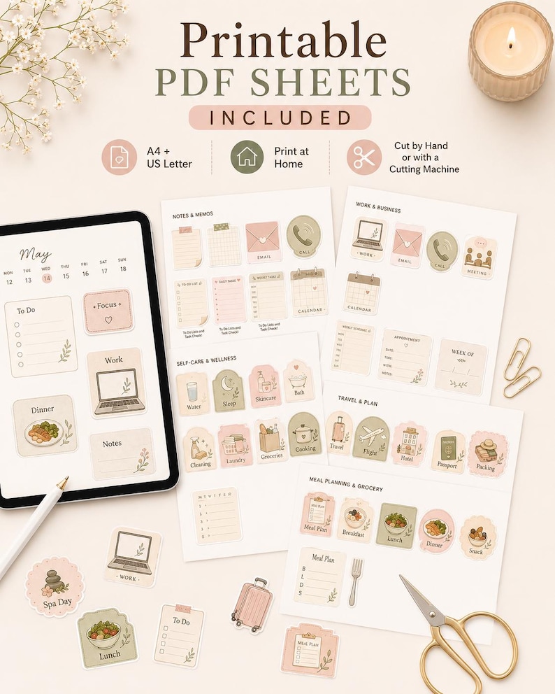 Printable PDF planner sticker sheets with A4 and US Letter files for printing at home and cutting by hand.