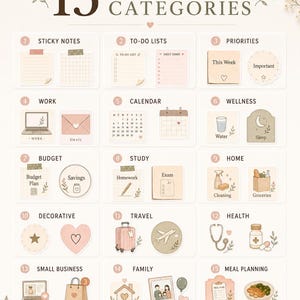 15 neutral planner sticker categories including sticky notes, to-do lists, wellness, budget, study, travel, family, and meal planning.