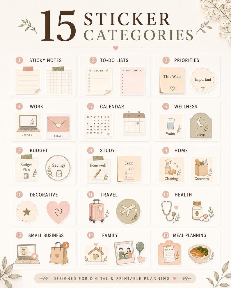 15 neutral planner sticker categories including sticky notes, to-do lists, wellness, budget, study, travel, family, and meal planning.