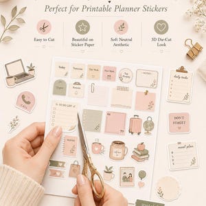 Hand cutting neutral planner stickers from a printable sticker sheet, featuring soft pastel 3D-style stickers on a clean elegant flat lay with scissors and stationery.