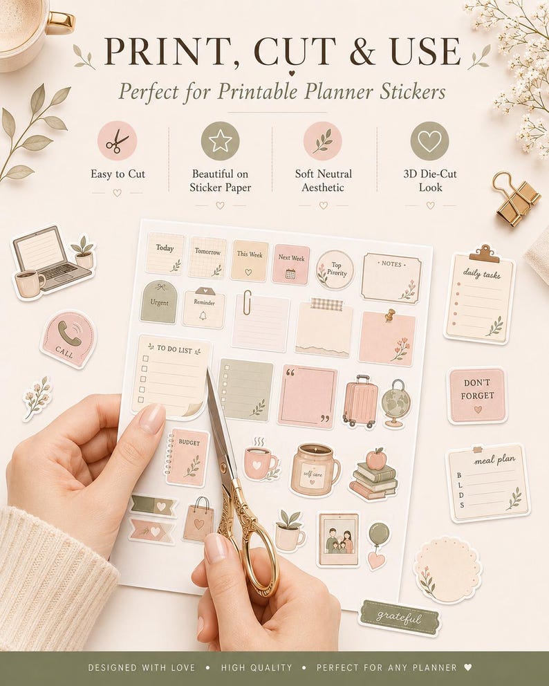 Hand cutting neutral planner stickers from a printable sticker sheet, featuring soft pastel 3D-style stickers on a clean elegant flat lay with scissors and stationery.