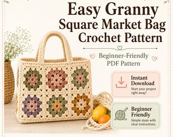 Crochet Bag Pattern PDF, Granny Square Market Bag, Beginner Tote Photo Guide