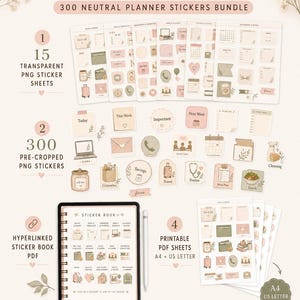What’s included in the 300 neutral planner stickers bundle with transparent PNG sheets, pre-cropped stickers, hyperlinked sticker book, and printable PDFs.