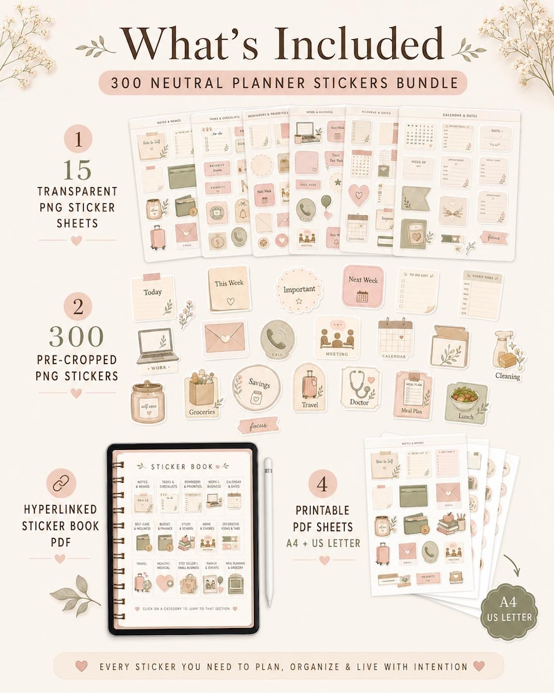 What’s included in the 300 neutral planner stickers bundle with transparent PNG sheets, pre-cropped stickers, hyperlinked sticker book, and printable PDFs.