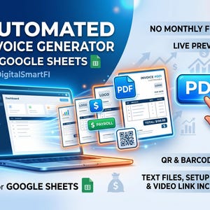 Puede incluir: Un anuncio de un generador de facturas automatizado para Google Sheets. La imagen muestra una computadora portátil que muestra un panel, con varios ejemplos de facturas, y el texto "PDF", "QR & BARCODE GEN" y "TEXT FILES, SETUP GUIDE & VIDEO LINK INCLUDED".