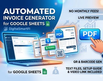 May include: An advertisement for an automated invoice generator for Google Sheets. The image shows a laptop displaying a dashboard, with several invoice examples, and the text "PDF", "QR & BARCODE GEN", and "TEXT FILES, SETUP GUIDE & VIDEO LINK INCLUDED".