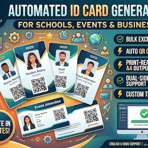 Puede incluir: Un anuncio de un generador de tarjetas de identificación automatizado. La imagen muestra varias tarjetas de identificación con fotos y códigos QR, junto con una pantalla de computadora que muestra una tarjeta de identificación generada. El texto incluye "Generador de tarjetas de identificación automatizado" y "¡Crea en minutos!"