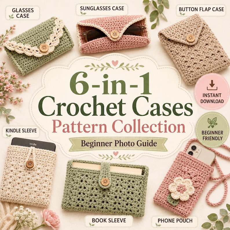 6-in-1 crochet cases pattern collection featuring glasses case, sunglasses case, button flap case, Kindle sleeve, book sleeve, and phone pouch.