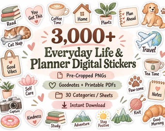 May include: A collection of 3,000+ Everyday Life & Planner Digital Stickers featuring pre-cropped PNGs, Goodnotes and printable PDF files across 30 categories. The set includes various illustrated icons like books, coffee, plants, pets, and travel.