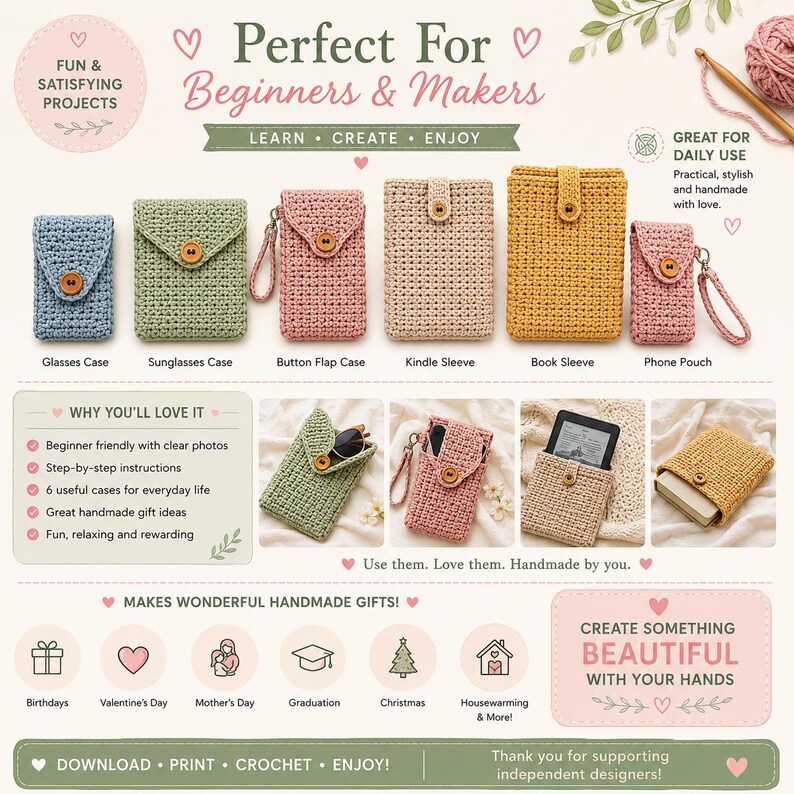 Crochet cases pattern collection perfect for beginners and makers, with six useful handmade cases for daily use, gifts, and personal projects.