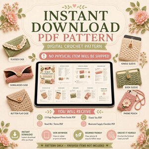 Instant download PDF crochet pattern notice showing digital product, no physical item shipped, and six crochet case design previews.