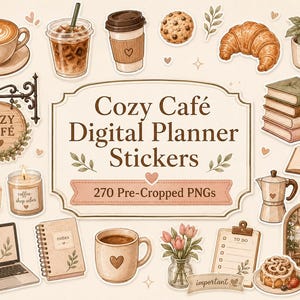 Adesivi per agenda digitale "Cozy Cafe", immagine PNG di caffè per GoodNotes e Notability, pacchetto pre-ritagliato.