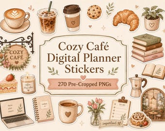 May include: A collection of digital planner stickers featuring café-themed illustrations including coffee cups, a croissant, a stack of books, a laptop, a candle, and a sign that reads Cozy Café Digital Planner Stickers 270 Pre-Cropped PNGs.