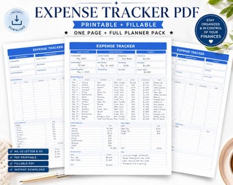 May include: A printable expense tracker PDF with a blue header and detailed sections for tracking income, expenses, and budget. The design includes the text "EXPENSE TRACKER PDF" and "PRINTABLE + FILLABLE". The document is available for instant download.