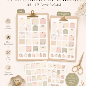 Printable planner sticker sheets in A4 and US Letter sizes with neutral aesthetic stickers for home printing and cutting.