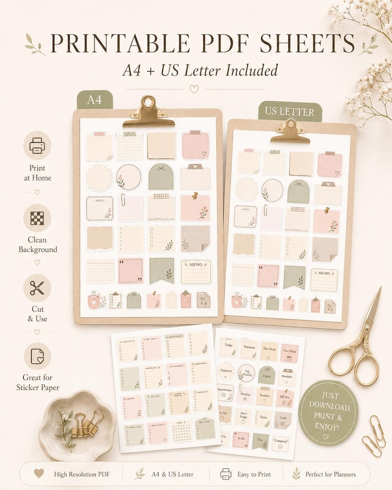 Printable planner sticker sheets in A4 and US Letter sizes with neutral aesthetic stickers for home printing and cutting.