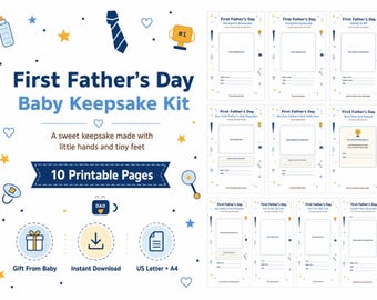 May include: A First Father's Day Baby Keepsake Kit featuring 10 printable pages with blue and yellow graphics including a tie, trophy, and baby items. The kit includes templates for handprints, footprints, and photos with text fields for dates and names.