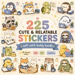Adesivi digitali Soft Work Buddy, 225 file PNG Kawaii per agende (GoodNotes)