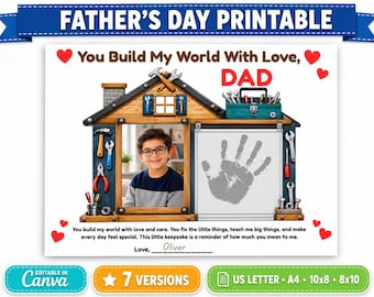 Printable Father’s Day Craft for Kids, Handprint Photo Dad Gift, Editable Canva Template