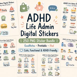 Pode incluir: Pacote de adesivos digitais ADHD Life Admin com 250 adesivos PNG. Inclui adesivos para tarefas diárias, itens essenciais da administração da vida, rastreadores de hábitos e planejamento semanal. Imprimível e compatível com iPad.