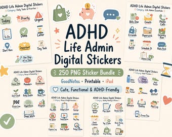 May include: ADHD Life Admin digital stickers bundle with 250 PNG stickers. Includes stickers for daily tasks, life admin essentials, habit trackers, and weekly planning. Features icons for to-do lists, errands, and more. Printable and iPad compatible.