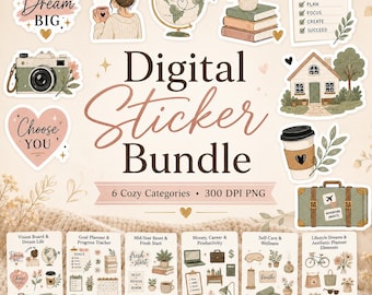 May include: A digital sticker bundle featuring various illustrations including a globe, a camera, a house, books, a coffee cup, and a suitcase. The text reads Digital Sticker Bundle, 6 Cozy Categories, 300 DPI PNG, and includes six sheets with icons for goal planning, wellness, and lifestyle.