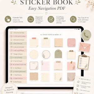 Hyperlinked digital sticker book PDF for GoodNotes with clickable tabs and organized neutral planner stickers.