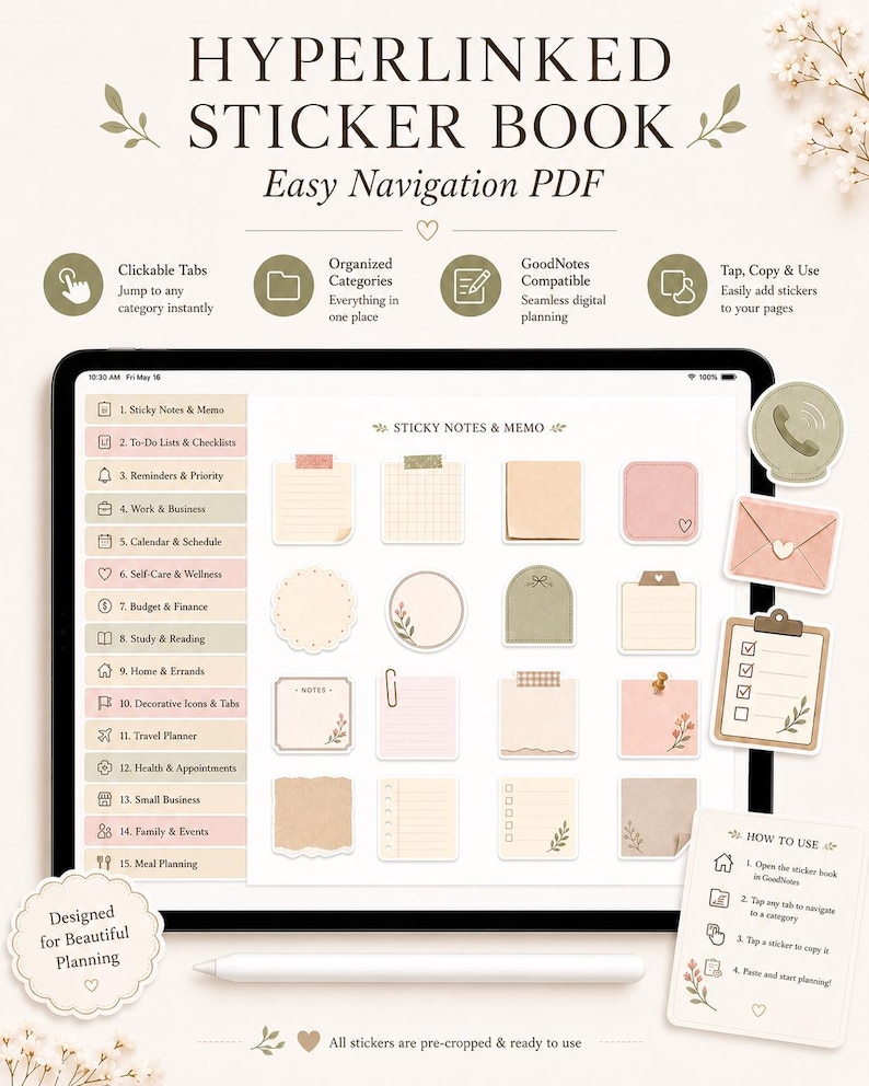 Hyperlinked digital sticker book PDF for GoodNotes with clickable tabs and organized neutral planner stickers.