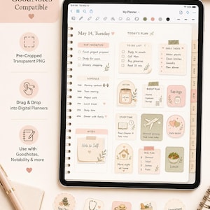 GoodNotes compatible transparent planner stickers shown on a digital planner page with drag and drop sticker use.