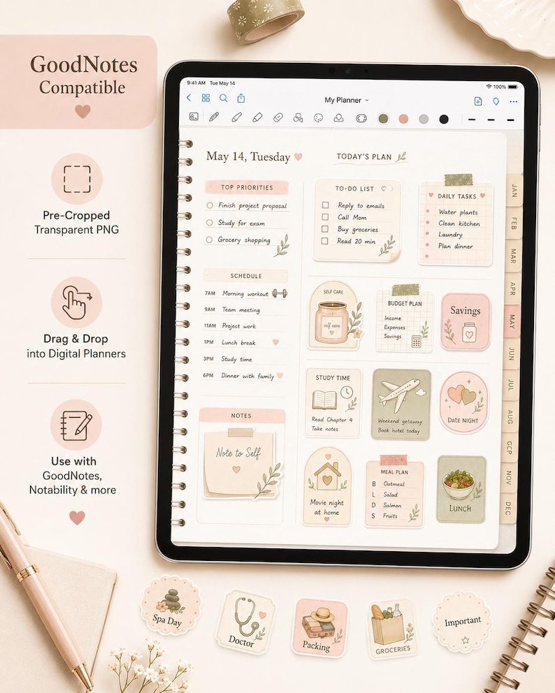 GoodNotes compatible transparent planner stickers shown on a digital planner page with drag and drop sticker use.