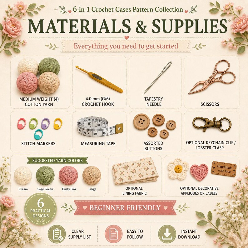 Materials and supplies for crochet cases pattern including cotton yarn, crochet hook, tapestry needle, scissors, stitch markers, buttons, and measuring tape.