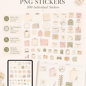 300 pre-cropped transparent PNG planner stickers ready to use in GoodNotes, Notability, and digital journals.