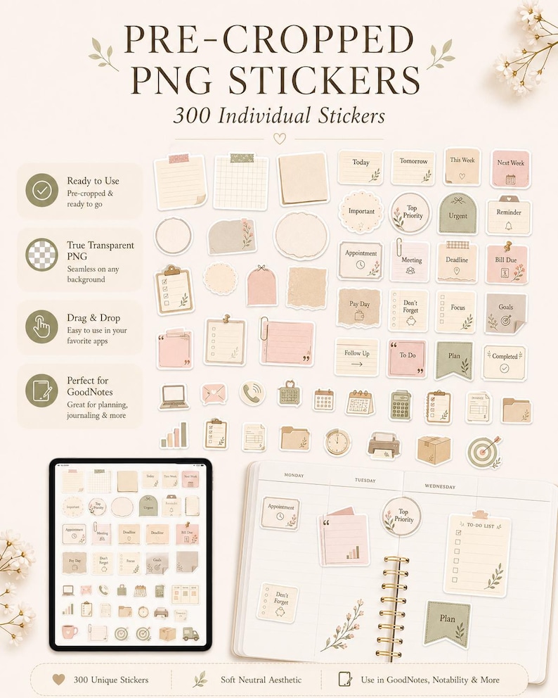 300 pre-cropped transparent PNG planner stickers ready to use in GoodNotes, Notability, and digital journals.