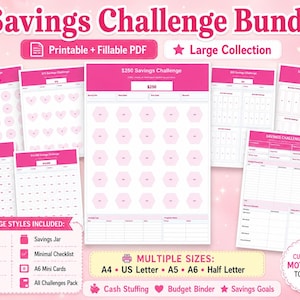 以下が含まれることがあります： 「Savings Challenge Bundle」と「Printable + Fillable PDF」の文字が入ったピンクと白の貯蓄チャレンジバンドル。六角形、円、ハートなど、さまざまなスタイルが含まれており、複数のサイズがあります。「Cute, Fun & Motivating to Save!」の文字も含まれています。