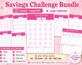 May include: A pink and white Savings Challenge Bundle with the text "Savings Challenge Bundle" and "Printable + Fillable PDF". The bundle includes various styles like hexagon, circle, and heart, with multiple sizes available. The text "Cute, Fun & Motivating to Save!" is also included.