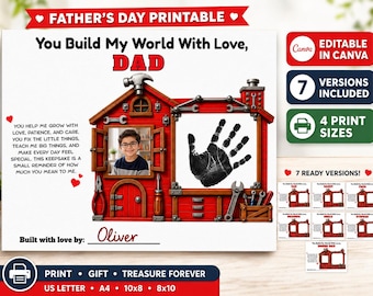 May include: A Father's Day printable keepsake featuring a red workshop-themed house with a photo frame and a black handprint. The text reads: You Build My World With Love, DAD. It includes a poem, a space for a name, and seven ready versions.