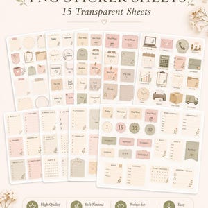 15 transparent PNG planner sticker sheets with neutral pastel digital stickers for GoodNotes and digital planners.