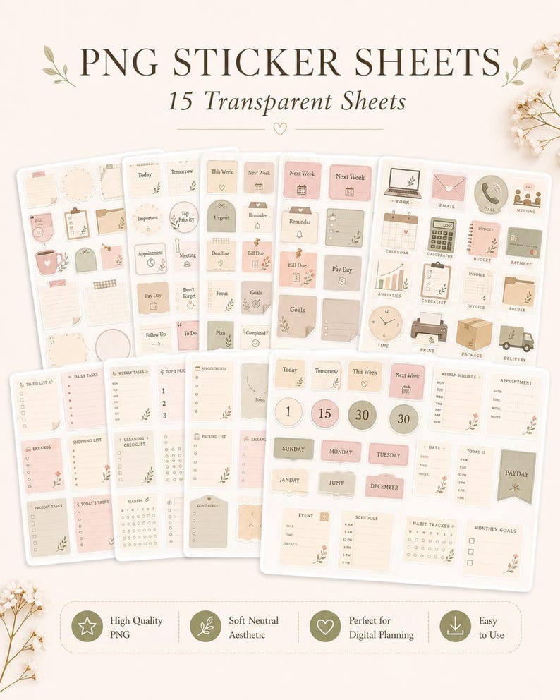 15 transparent PNG planner sticker sheets with neutral pastel digital stickers for GoodNotes and digital planners.