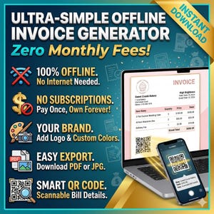 Könnte beinhalten: Werbung für einen ultra-einfachen Offline-Rechnungsgenerator. Das Bild zeigt einen Laptop mit einer Rechnung, ein Smartphone, das einen QR-Code scannt, und Symbole, die Funktionen wie keine monatlichen Gebühren und einfache Exportoptionen hervorheben.