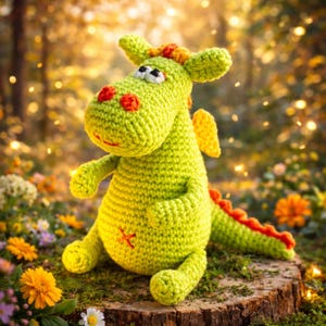 May include: A handmade, green crocheted dragon toy with orange accents. The dragon has a smiling face, small wings, and a red-orange spine. It is sitting on a tree stump surrounded by flowers and greenery.