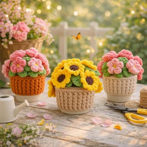 Op de afbeelding: Drie gehaakte bloemstukken in potten op een houten tafel. Eén pot is oranje met roze en groene bloemen, een andere is beige met gele zonnebloemen en de derde is beige met roze en groene bloemen. Een kleine gieter en een schaar staan ook op de tafel.