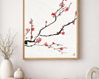 Peut inclure: Une impression encadrée représentant une illustration minimaliste d'une branche fleurie. L'œuvre présente des branches noires ornées de fleurs rouges sur un fond blanc texturé. Le cadre en bois complète l'esthétique naturelle de l'œuvre.