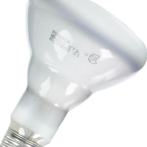 May include: A white, pear-shaped light bulb with a silver base. The bulb has the text "SYLVANIA" and other specifications printed on its surface. The bulb is designed for general lighting purposes.