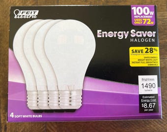 100 Watts halogenlampor i mjukt vitt, A19, 4-pack, A19 NOS förbrukar endast 72 W