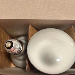 May include: Two light bulbs, one with a silver base and a visible filament, and the other a large, white, spherical shape. The bulbs are inside a brown cardboard box, suggesting they are new and unused.