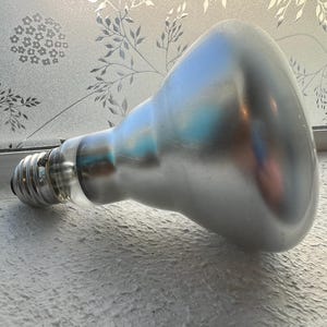 May include: A large, silver-colored light bulb with a standard screw base. The bulb has a rounded, reflective surface and is designed for directional lighting. The base is made of metal and has a threaded design for easy installation.