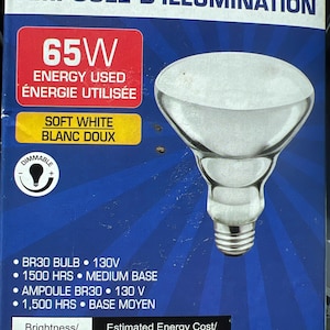 BR30 Incandescent Reflector Flood Light Bulb, 65W Dimmable 530 lumens, 1500 hr