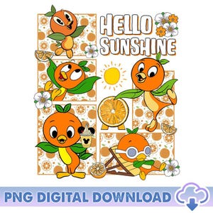 Può includere: Un design grafico con diversi personaggi di cartoni animati arancioni con foglie verdi, fiori e fette di arancia. Il testo "HELLO SUNSHINE" è visualizzato in bianco. Lo sfondo ha un motivo di fette di arancia.